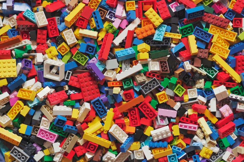 organize toys such as these legos in shoebox bins